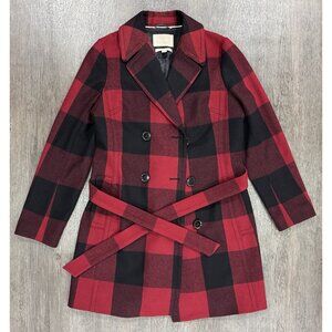 Banana Republic Womens L Wool Double Breasted Trench Pea Coat Buffalo Check Red
